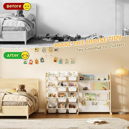 EXPERLAM Toy Storage Organizer with Bookshelf, Kids Toy Organizer and Storage Shelf with 12 White Bins, Solid Pine Wood Book Rack for Playroom, Nursery, Kids Room, Toys and Books