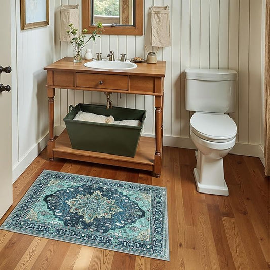 RELEANY Area Rugs Small 2'x3' Washable Non-Slip, Floral Vintage Distress Medallion Carpet for Kitchen Entryway Bathroom, Teal Green Lake Blue Turquoise