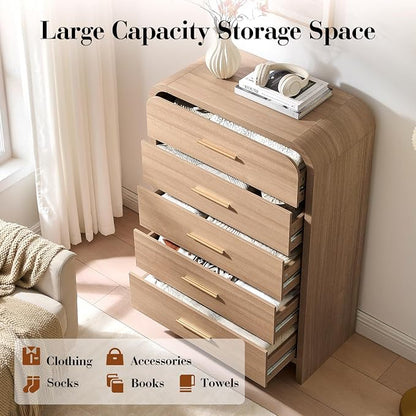 Curved 5 Drawer Dresser for Bedroom, 31'' Wide Chest of Drawers, Modern Storage Cabinet for Hallway & Living Room TV Stand, FSC Certified 1.18" Thick Board, 100 lbs Top Weight, Oak