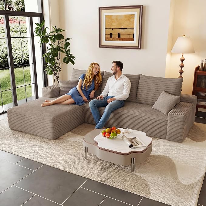95" Cloud Sectional Couch with L-Shape Chaise, Modular Comfy Sofa Chaise Longue, Upholstered Corduroy Couches Sleeper with Deep Seat for Living Room Bedroom, No Assembly Required(Camel, Left Facing)