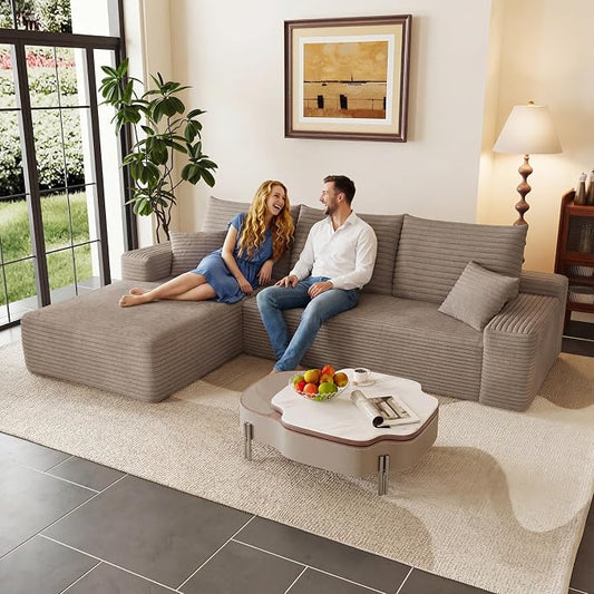 95" Cloud Sectional Couch with L-Shape Chaise, Modular Comfy Sofa Chaise Longue, Upholstered Corduroy Couches Sleeper with Deep Seat for Living Room Bedroom, No Assembly Required(Camel, Left Facing)