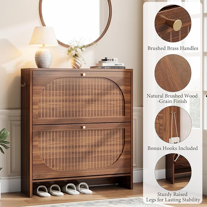 Nicetree Arch-Chic Shoe Cabinet for Entryway, Modern Mid-Century Shoe Storage Cabinet with Fluted, Narrow Shoe Rack with Adjustable Shelves & Tipping Protection, Fits Size 12 Shoes,Luminous Walnut