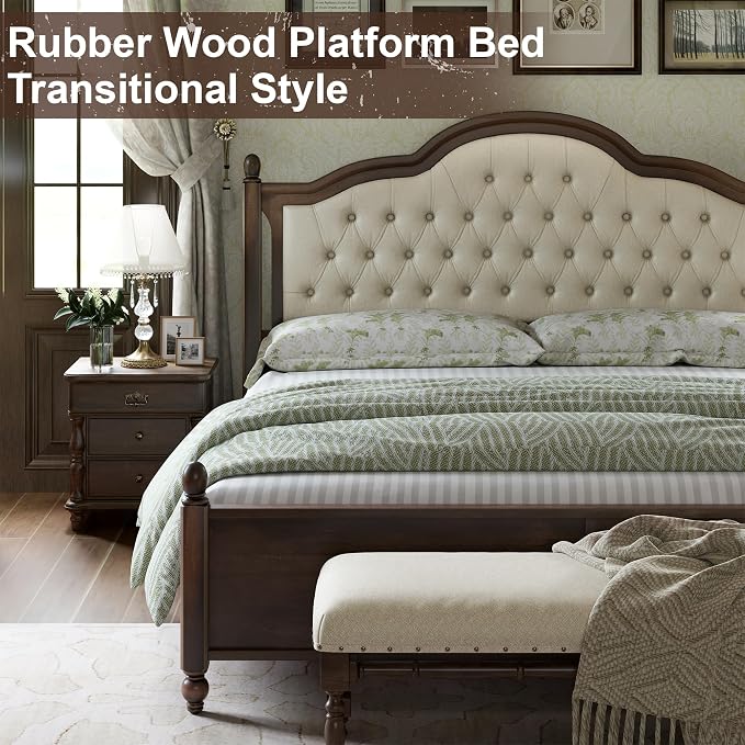 AMERLIFE Solid Wood Bed Frame Queen Size, Transitional Platform Bed with 52.5" Upholstered Tufted Headboard, Rubberwood/Roman Column Accents/Wood Slat Support/No Box Spring Needed