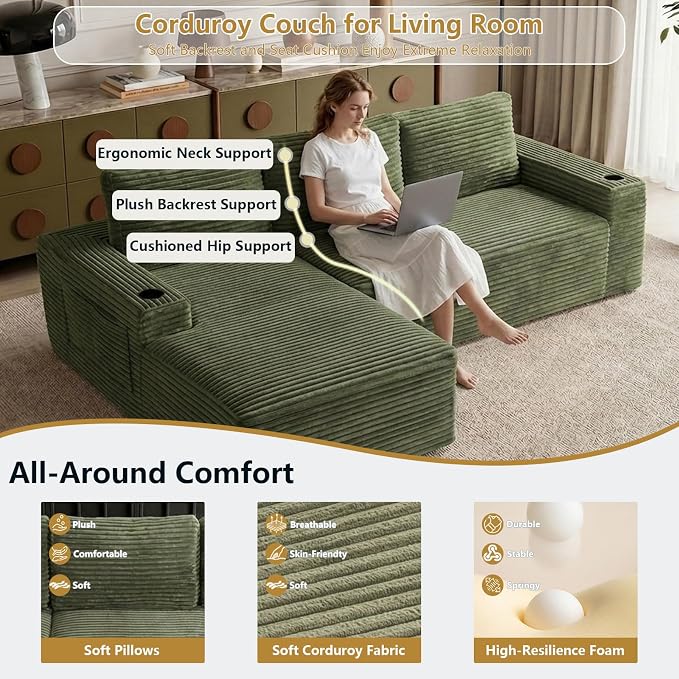 104" Cloud Sectional Couch L-Shaped with Side Pockets Cup Holders, Corduroy Boneless Couch for Living Room,Upholstered Deep-Seat Modular Sectional Sofa, No Assembly Required (Green,Left Facing Chaise)
