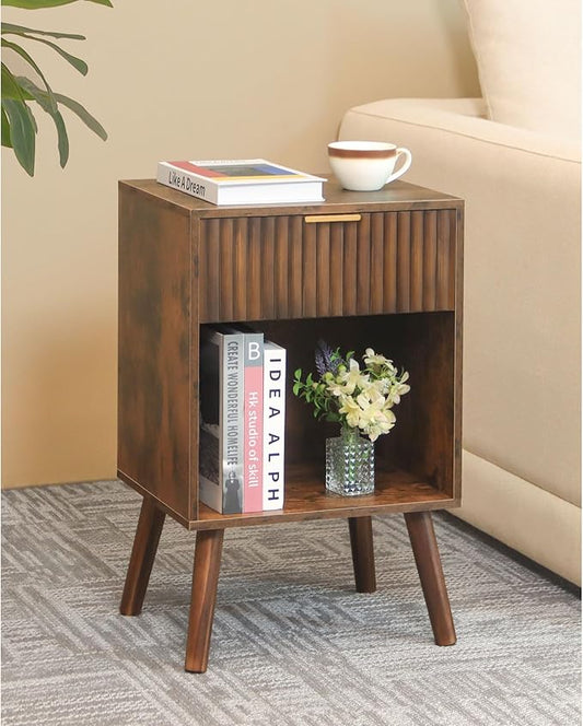 Fultyle Mid Century Modern Nightstand, Wood Bedside Table with Drawer and Open Storage, End Table Living Room Fluted Night Stand with Solid Wood Legs for Bedroom (Rustic Brown)