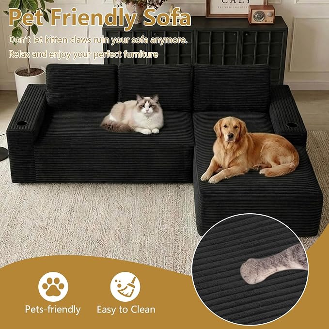 104" Cloud Sectional Couch L-Shaped with Side Pockets Cup Holders, Corduroy Boneless Couch for Living Room,Upholstered Deep-Seat Modular Sectional Sofa,No Assembly Required (Black,Right Facing Chaise)