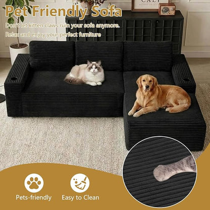 104" Cloud Sectional Couch L-Shaped with Side Pockets Cup Holders, Corduroy Boneless Couch for Living Room,Upholstered Deep-Seat Modular Sectional Sofa,No Assembly Required (Black,Right Facing Chaise)