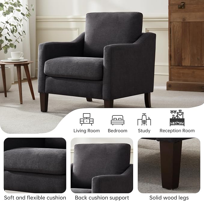 VKNOW Mid Century Modern Accent Chair, Upholstered Living Room Chairs Armchair for Bedroom, Comfy Reading Accent Chairs with Wood Legs for Living Room (1, Dark Grey)
