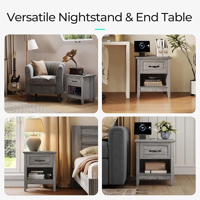 LINSY Night Stands Set of 2, 18.9" Farmhouse Wood Side Tables with Type-C Charging Station, Drawer & Open Storage Shelf – Perfect for Bedroom, Living Room, Sofa, or Office