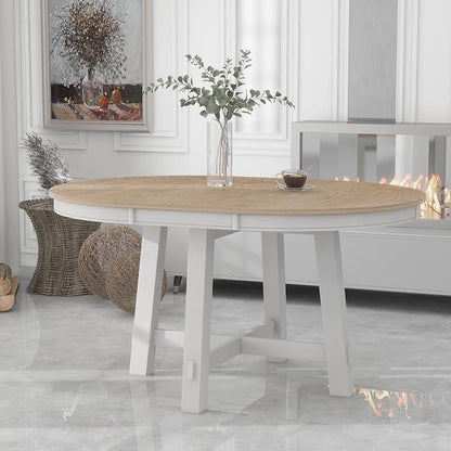 LUMISOL 42"-58" Extendable Round Dining Table for 4-8, Farmhouse Oval Kitchen Table with Removable Leaf, Solid Wood Dinner Tables for Kitchen, Dining Room, Small Space, Oak+Antique White