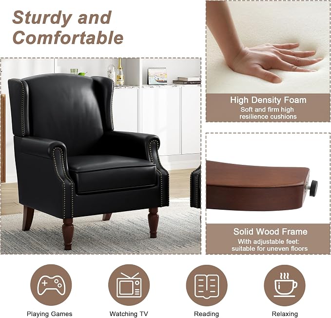 Pia Ricco High Back Floral Accent Chair - Retro Wingback Upholstered Armchair in Faux Leather, Nailhead Trim & Solid Wood Legs for Living Room Bedroom Reading Chair（Black