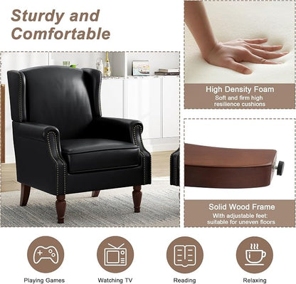 Pia Ricco High Back Floral Accent Chair - Retro Wingback Upholstered Armchair in Faux Leather, Nailhead Trim & Solid Wood Legs for Living Room Bedroom Reading Chair（Black