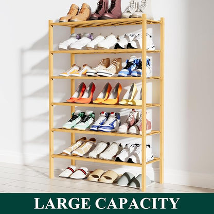 Smiry Bamboo Shoe Rack, 6 Tier Free Standing Wooden Shoe Organizer, Stackable Wood Shoe Storage Shelf for Closet, Entryway, 12 Vertical Slats, 2+2+2 Stack Standard Legs, 26.8"x11"x39", Natural