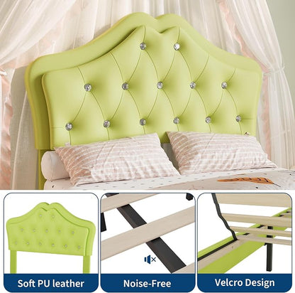 Twin Size Bed Frame for Girls with Storage Drawers & LED Lights, Upholstered Platform Bed, Velvet Crystal Button Princess Bed, Noise-Free Slats, No Box Spring Needed for Kids, Teens, Avocado Green