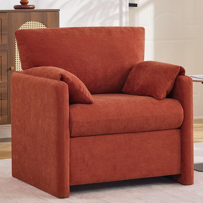 Oversized Accent Chair for Living Room, 32.68" Large Modern Armchair with Deep Seat, Mid-Century Comfy Reading Chair with Padded Arms, Chenille Single Sofa Chairs for Bedroom, Orange