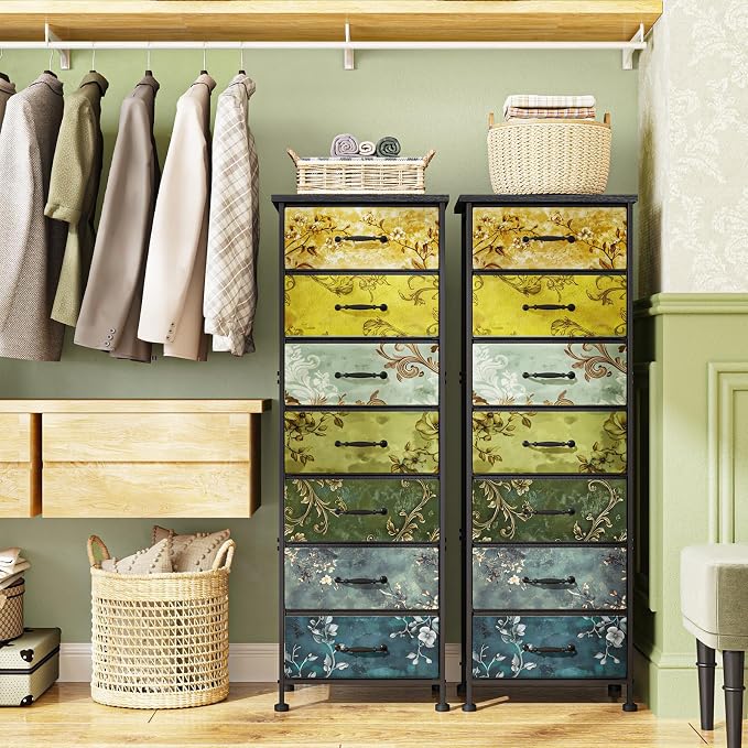 Fixwal Vintage Flower Tall Dresser for Bedroom, Storage Dresser Organizer with 7 Fabric Drawers, Nightstand Furniture in Closet, Entryway