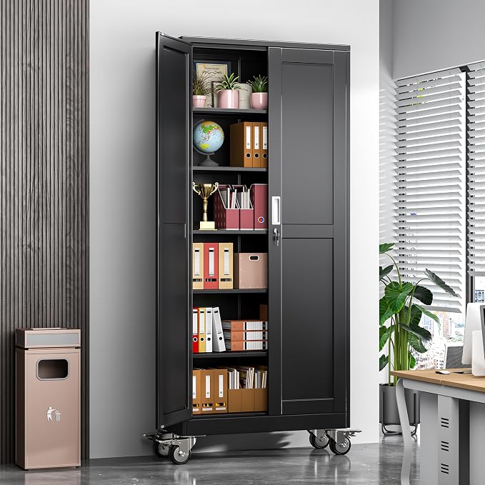Metal Garage Storage Cabinet, 75”Tall Rolling Utility Cabinet Black | storage system with Wheels, Lock, 5 Adjustable Shelves, Heavy Duty Steel Tool Locker for Home Office, Utility Room, Gym