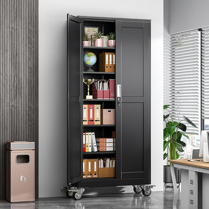 Metal Garage Storage Cabinet, 75”Tall Rolling Utility Cabinet Black | storage system with Wheels, Lock, 5 Adjustable Shelves, Heavy Duty Steel Tool Locker for Home Office, Utility Room, Gym