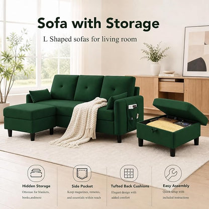 77" Convertible Sectional Sofa, Small L Shaped Couch with Storage Chaise, 3 Seats Modern Polyester Fabric Couches for Living Room, Apartment and Small Space, Green