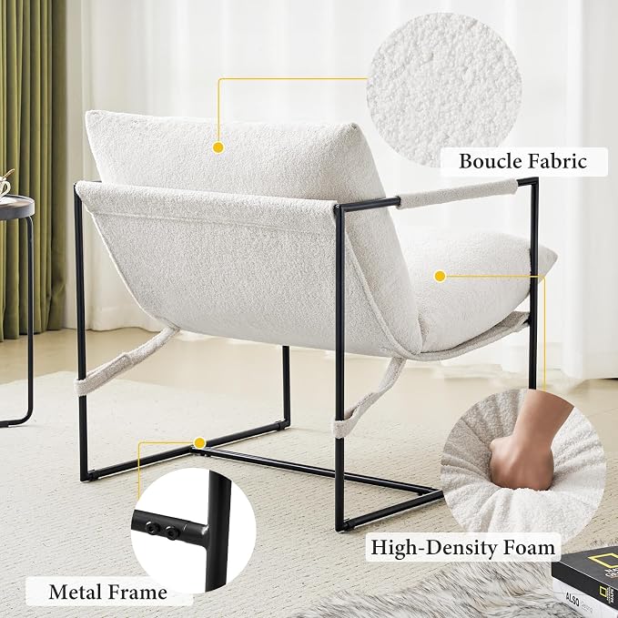 Furnilivng Large Sling Accent Chairs Set of 2, Comfortable Boucle Fabric Arm Chair, Upholstered Cozy Reading Chair for Living Room, Bedroom, Dressing Room, Home Office, White