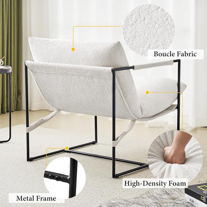 Furnilivng Large Sling Accent Chair, Comfortable Boucle Fabric Arm Chair, Upholstered Cozy Reading Chair for Living Room, Bedroom, Dressing Room, Home Office (White, Set of 1)
