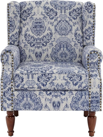 High Back Accent Chairs Set of 2, Fabric Wingback Chair Floral Upholstered Armchair for Living Room, Retro Comfy Single Sofa Bedroom Reading Seat with Solid Wood Legs - Navy