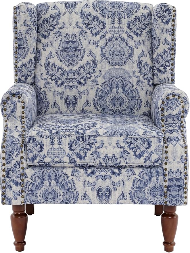 High Back Accent Chair, Fabric Upholstered Armchair Floral Wingback Chair for Living Room, Comfy Solid Wood Legs Bedroom Reading Seat - Navy