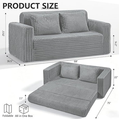 HABUTWAY 68" Loveseat Boneless Couch, 4-in-1 Convertible Sofa Bed, Plush Fur Folding Futon Sofa Bed Couches with 2 Pillows for Living Room, High-Density Foam Support, No Assembly Required, Light Grey