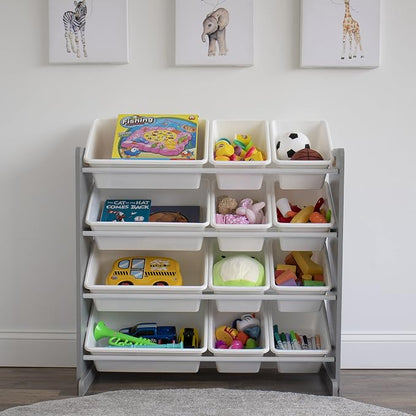 Humble Crew Toy Storage Organizer with 12 Removable Storage Bins for Kids Playroom, 4-Tier Toddler Toy Organization, Grey/White