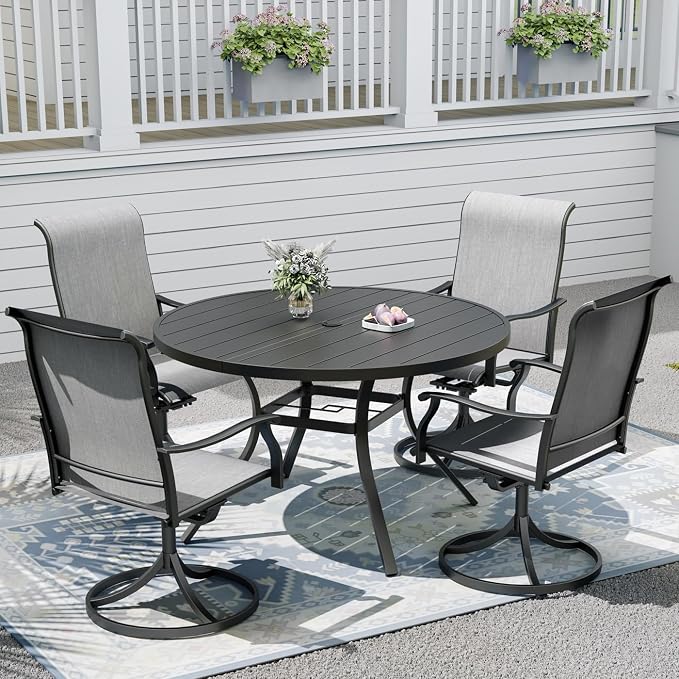 Outdoor Dining Table with 4PCS Swivel Chairs,48"x 48"x 28" Round Patio Table with Adjustable Umbrella Hole,Stable Patio Dining Set for Home or Outside