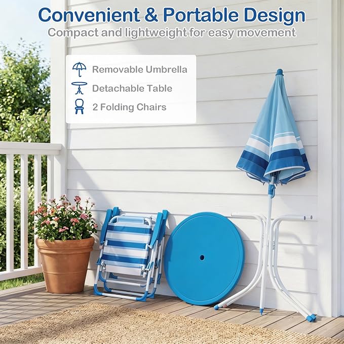 Olakids Kids Picnic Table, Outdoor Toddler Patio Furniture Set with 2 Folding Chairs Adjustable Foldable Umbrella for Garden Backyard Beach (Blue)