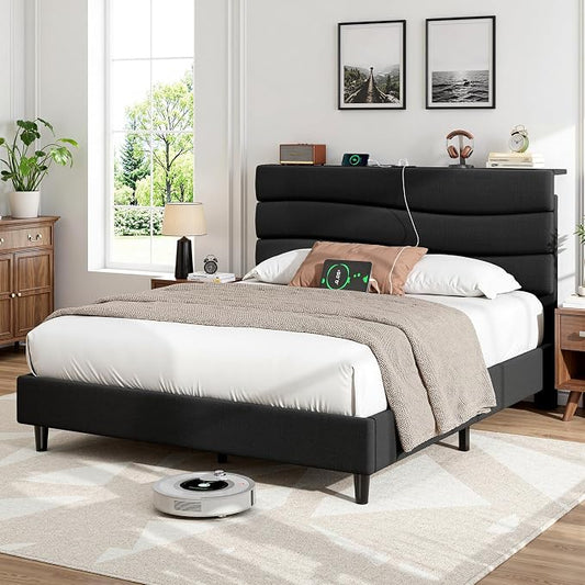 EnHomee Full Size Bed Frame with Adjustable Height Upholstered Headboard, 3 USB Charging Ports, Noise-Free Platform Bed, No Box Spring Needed,Black