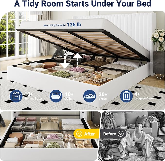 Allewie King Size Lift Up Storage Bed Frame, Hydraulic Support System, Upholstered Platform Bed Frame, Underneath Storage, Vertical Channel Tufted Headboard with Wingback, No Box Spring Needed, White