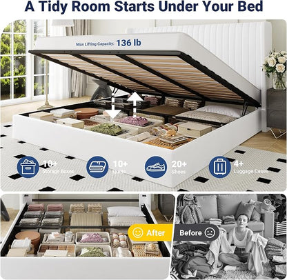 Allewie King Size Lift Up Storage Bed Frame, Hydraulic Support System, Upholstered Platform Bed Frame, Underneath Storage, Vertical Channel Tufted Headboard with Wingback, No Box Spring Needed, White