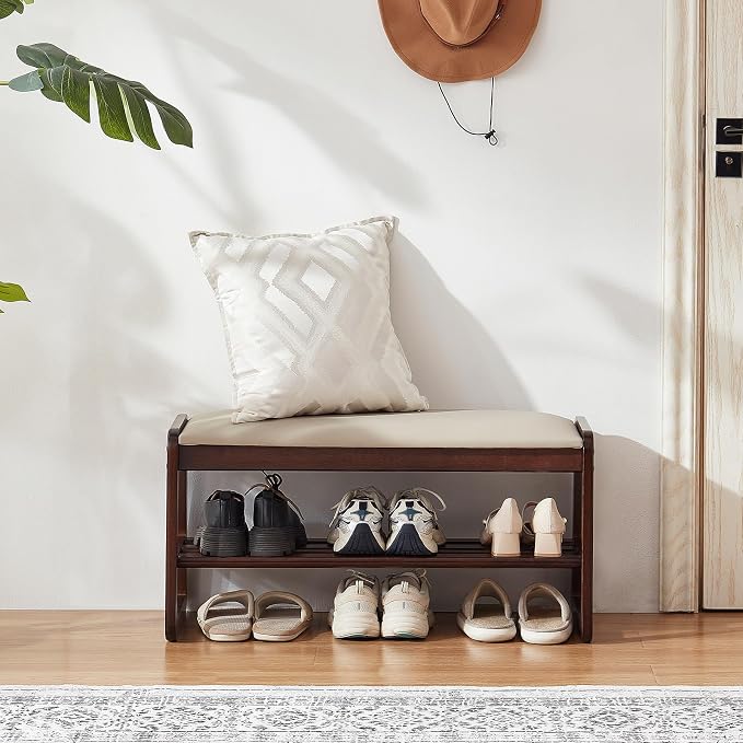 Achicsofar Shoe Rack Bench,2 Tier Solid Wooden Entryway Bench with Shoe Storage, Shoe Rack with Cushion for Living Room, Hallway(Pu Beige, 31.5")