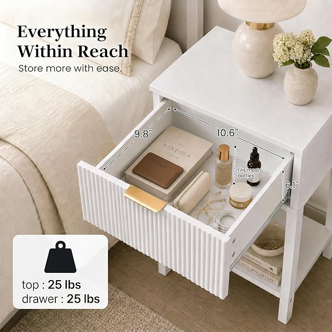 White 15" Wide Small Nightstands Set of 2, Drawer Shelf, Fluted Front | Matching pair, slim 11.8-inch depth, drawer and lower shelf each, bright storage for both sides of a bed or guest room