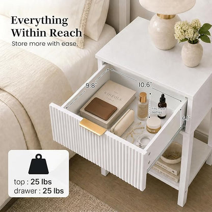 White 15" Wide Small Nightstands Set of 2, Drawer Shelf, Fluted Front | Matching pair, slim 11.8-inch depth, drawer and lower shelf each, bright storage for both sides of a bed or guest room