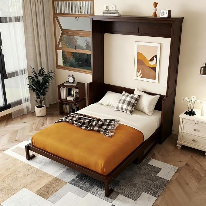 PVWIIK Murphy Multifunctional Bed Frame with Storage Shelf & Wooden Slat Support Mattress Foundation for Adult,Girls,Boys,Queen Size Murphy Bed,Wood Hidden Wall Bed Space-Saving Cabinet,Walnut