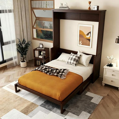 PVWIIK Murphy Multifunctional Bed Frame with Storage Shelf & Wooden Slat Support Mattress Foundation for Adult,Girls,Boys,Queen Size Murphy Bed,Wood Hidden Wall Bed Space-Saving Cabinet,Walnut