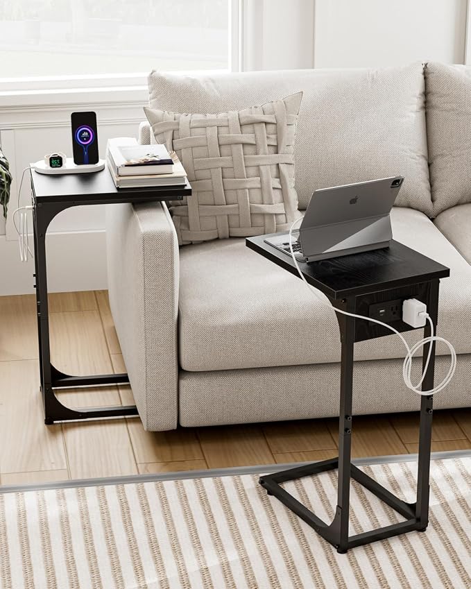 C-Shaped Side Table for Couch - Small Coffee Stand Sofa Tray Desk with Metal Frame Waterproof Scratch Resistant Wood Top and Built-in Charging Station, Black