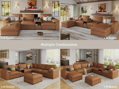EASE MOOSE Leather Sectional Couch with Console, Oversized Modular Sectional Sofas, Wide Deep Seat Modular Couch, Scratch Resistant Faux Leather Material, L Shaped Sofa for Big Spaces,Brown