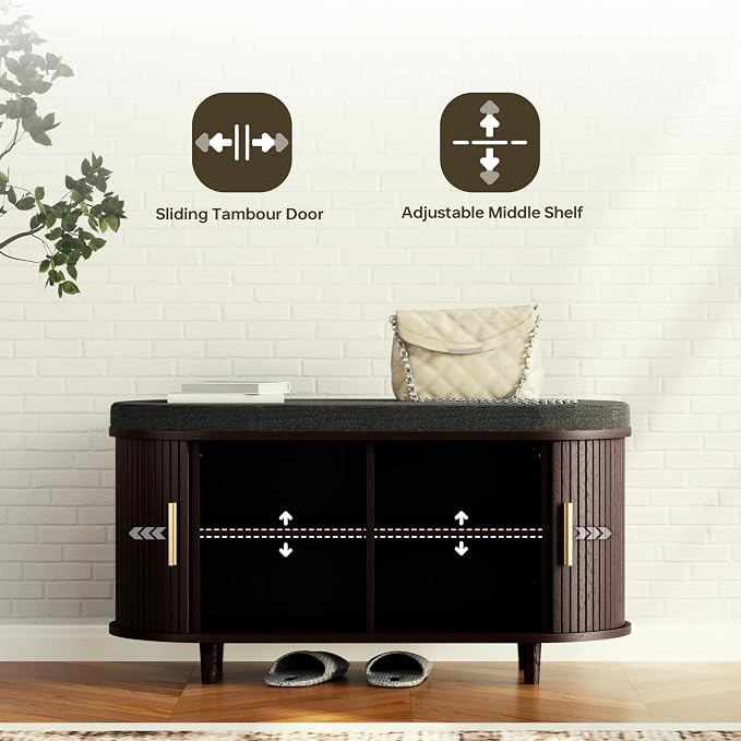 DHH 2-Tier Storage Bench,Wide Shoe Bench with Thickened Padded Seat Cushion, Mid Century Modern Fluted Sliding Door and Adjustable Shelf, for Entryway, Living Room, Bedroom (Dark Walnut, 35.4“)