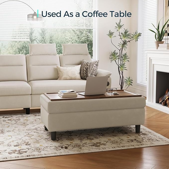 LINSY HOME 46 Inches Wide Storage Ottoman Bench, Linen Coffee Table Folding Long Shoes Bench Footstool, Storage Chest, Foot Rest Stool, for The Living Room, Entryway and Family Room(Beige)
