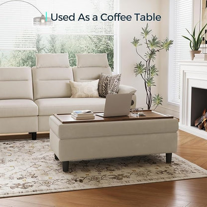 LINSY HOME 46 Inches Wide Storage Ottoman Bench, Linen Coffee Table Folding Long Shoes Bench Footstool, Storage Chest, Foot Rest Stool, for The Living Room, Entryway and Family Room(Beige)