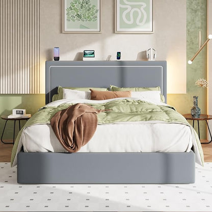 Allewie Full Size Lift Up Storage Bed Frame with Charging Station & LED Lights, Adjustable Velvet Upholstered Storage Headboard, Type-C & USB Ports, Hydraulic Support, No Box Spring Needed, Grey