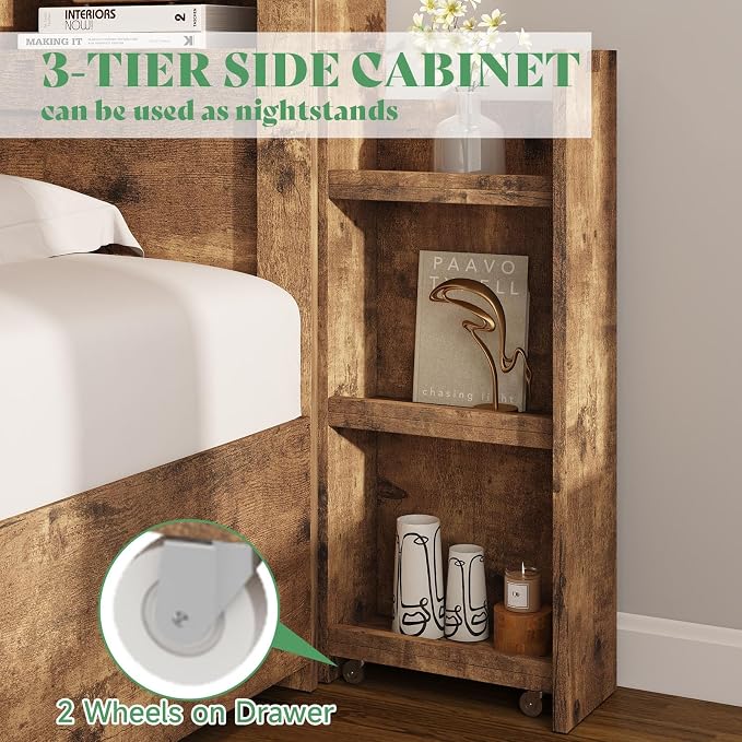 AMERLIFE California King Size Bed Frame with 4 Storage Drawers, LED Bed Frame with 49.6" Tall Bookcase Headboard, Wood Platform Bed with Charging Station & 2 Slide Bedside Shelf, Rustic Brown