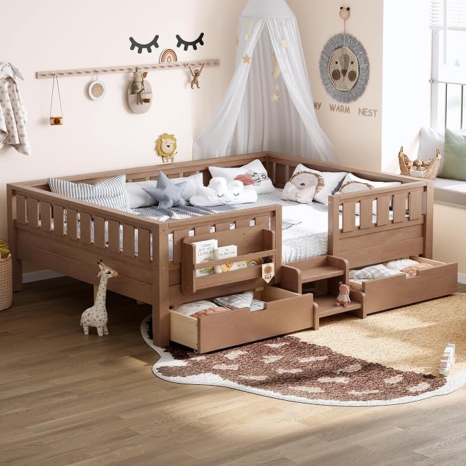 Bellemave Queen Size Bed with Slats and Stairs, Queen Size Platform Bed Frame with Fence, Bookshelf and Storage Drawers, Easy Assemble Beds for Girls, Boys, Natural