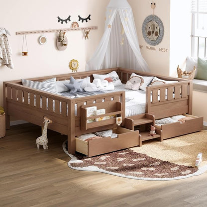 Bellemave Queen Size Bed with Slats and Stairs, Queen Size Platform Bed Frame with Fence, Bookshelf and Storage Drawers, Easy Assemble Beds for Girls, Boys, Natural