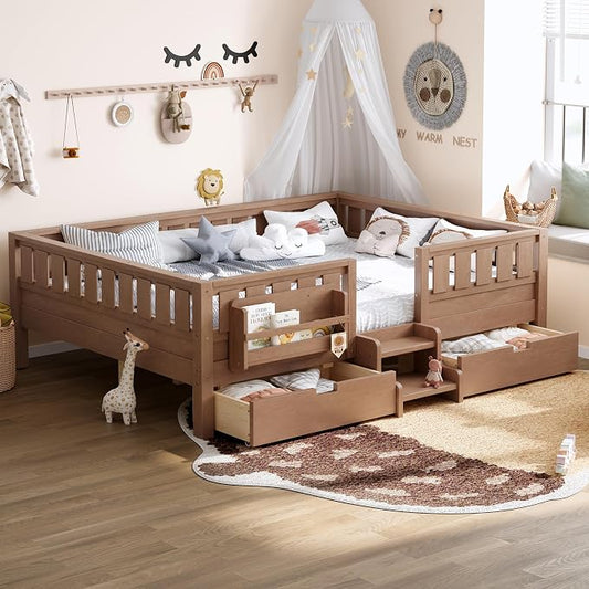Bellemave Queen Size Bed with Slats and Stairs, Queen Size Platform Bed Frame with Fence, Bookshelf and Storage Drawers, Easy Assemble Beds for Girls, Boys, Natural