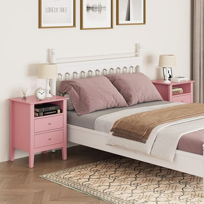 RoyalCraft Pink Fluted Nightstand Set of 2, Colorful Nightstand with 2 Drawers, Modern Wooden End Table with Storage for Small Spaces, Side Table for Bedroom, Couch, Home Office